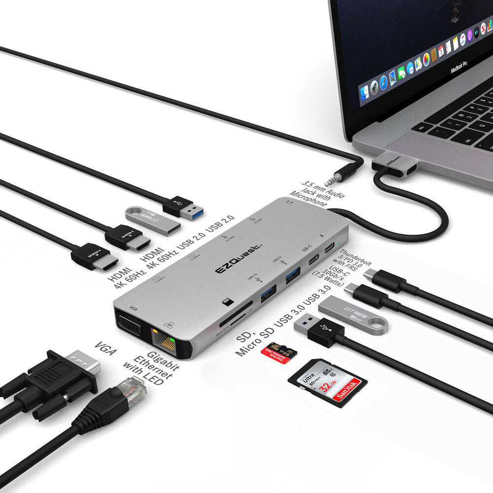 EZQuest USB-C to Multimedia Hub 13-ports, 2x HDMI 4K, VGA, 2x USB 3.0, USB-C, 1000BT, SD/Micro Card/Audio Jack