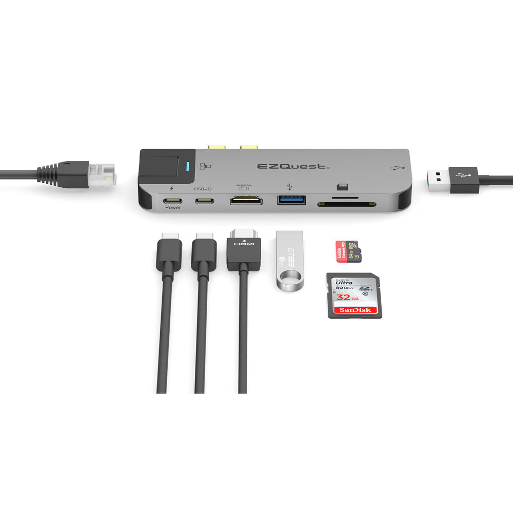 EZQuest USB-C to Multimedia Hub 8-ports, 1x HDMI 4K, 2x USB 3.0, USB-C, 1000BT, SD/Micro Card