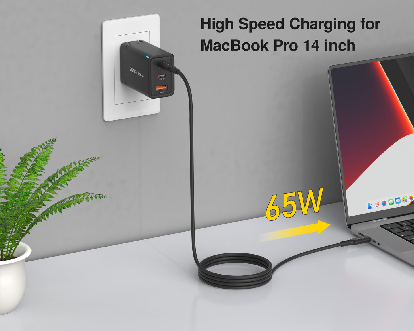 EZQuest UltimatePower 65W GaN II USB-C PD Wall Charger - Black