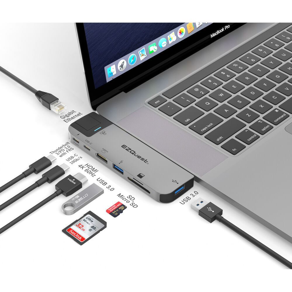 EZQuest USB-C to Multimedia Hub 8-ports, 1x HDMI 4K, 2x USB 3.0, USB-C, 1000BT, SD/Micro Card