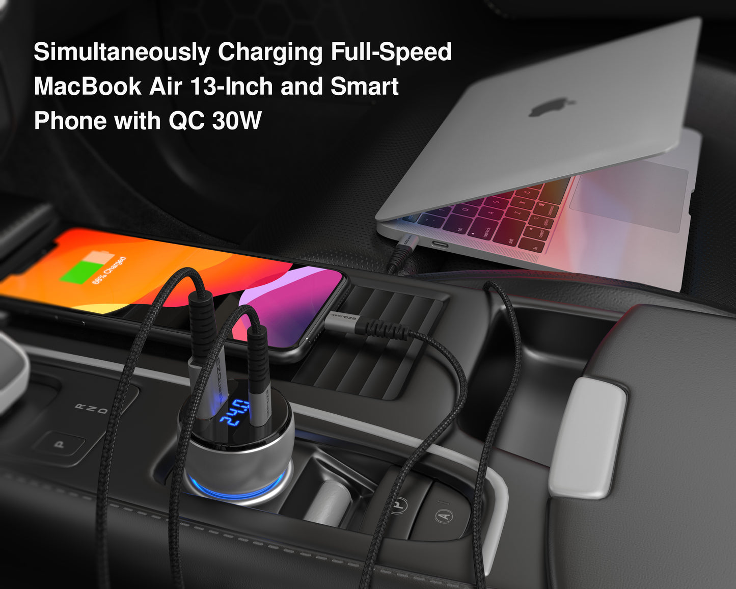 EZQuest UltimatePower Dual Port USB 3.0 and USB-C 66W Car Charger w/ Display