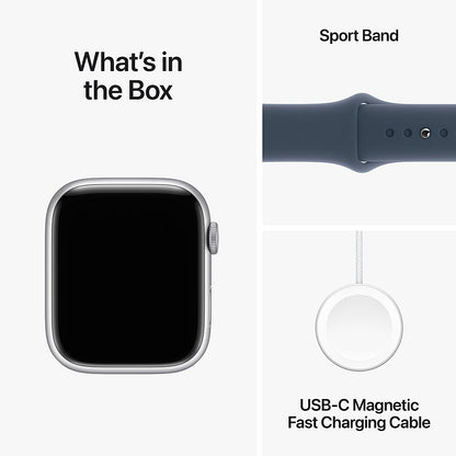 ♥ New, Factory Sealed - Apple Watch Series 9 GPS 45mm Silver Aluminum Case with Storm Blue Sport Band - M/L