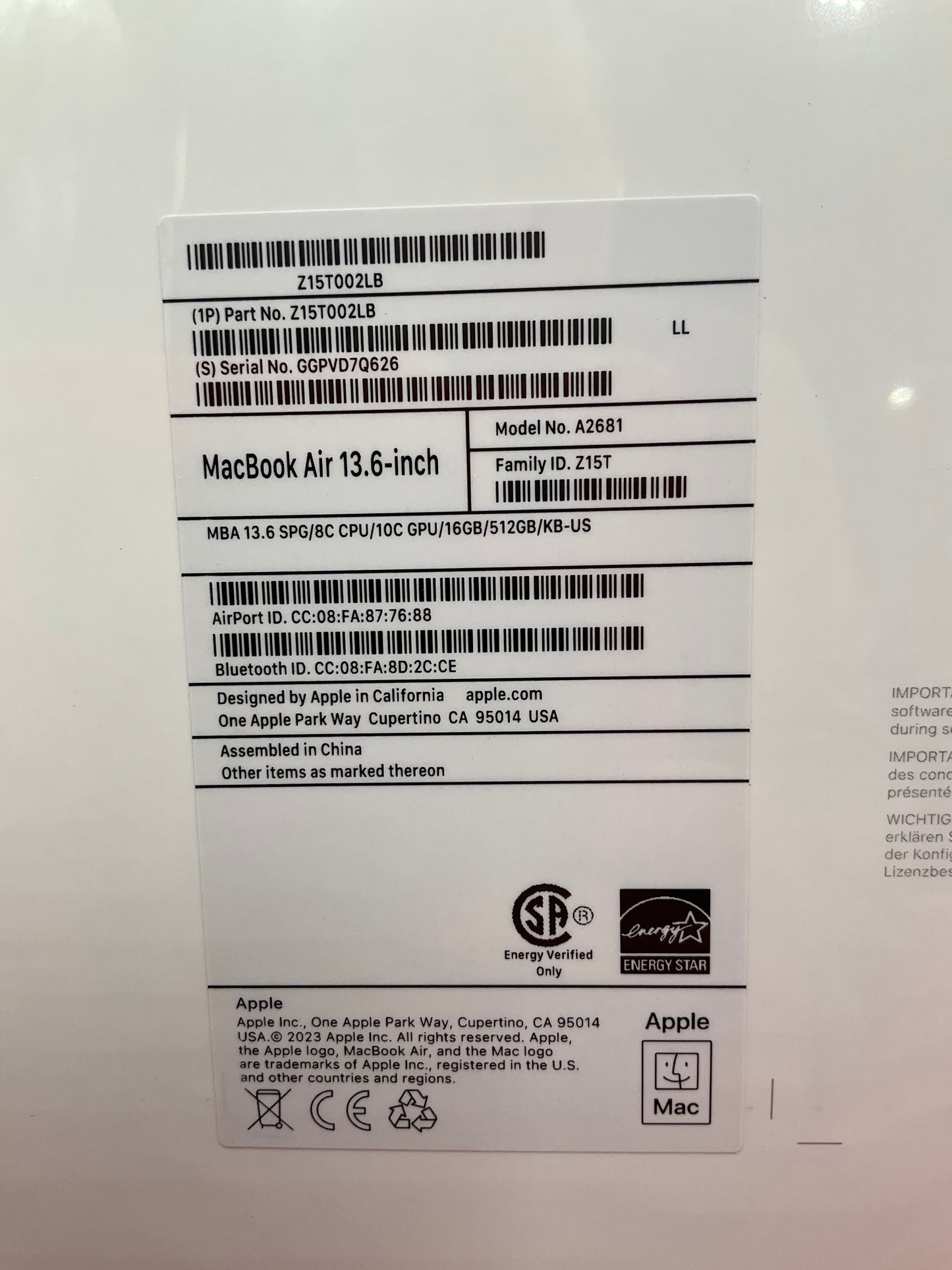 ♥New, Factory Sealed - Apple MacBook Air 13.6" M2 8/10-Core 16GB/512GPU space gray Z15T002LB (2022)