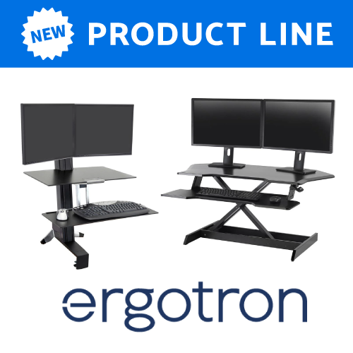 Two adjustable standing desks with multiple monitors and Ergotron logo on a white background