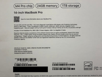 ♥ New, Factory Sealed - MacBook Pro M4Pro 14-Inch 14/20-Core 24GB/1TB 20core Space Black MX2J3LL/A