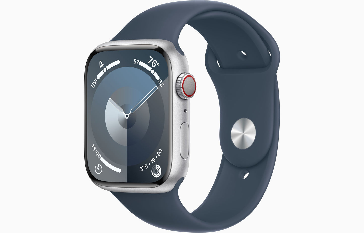 Apple Watch Series 9 GPS + Cellular 45mm Silver Aluminum Case with Storm Blue Sport Band - M/L